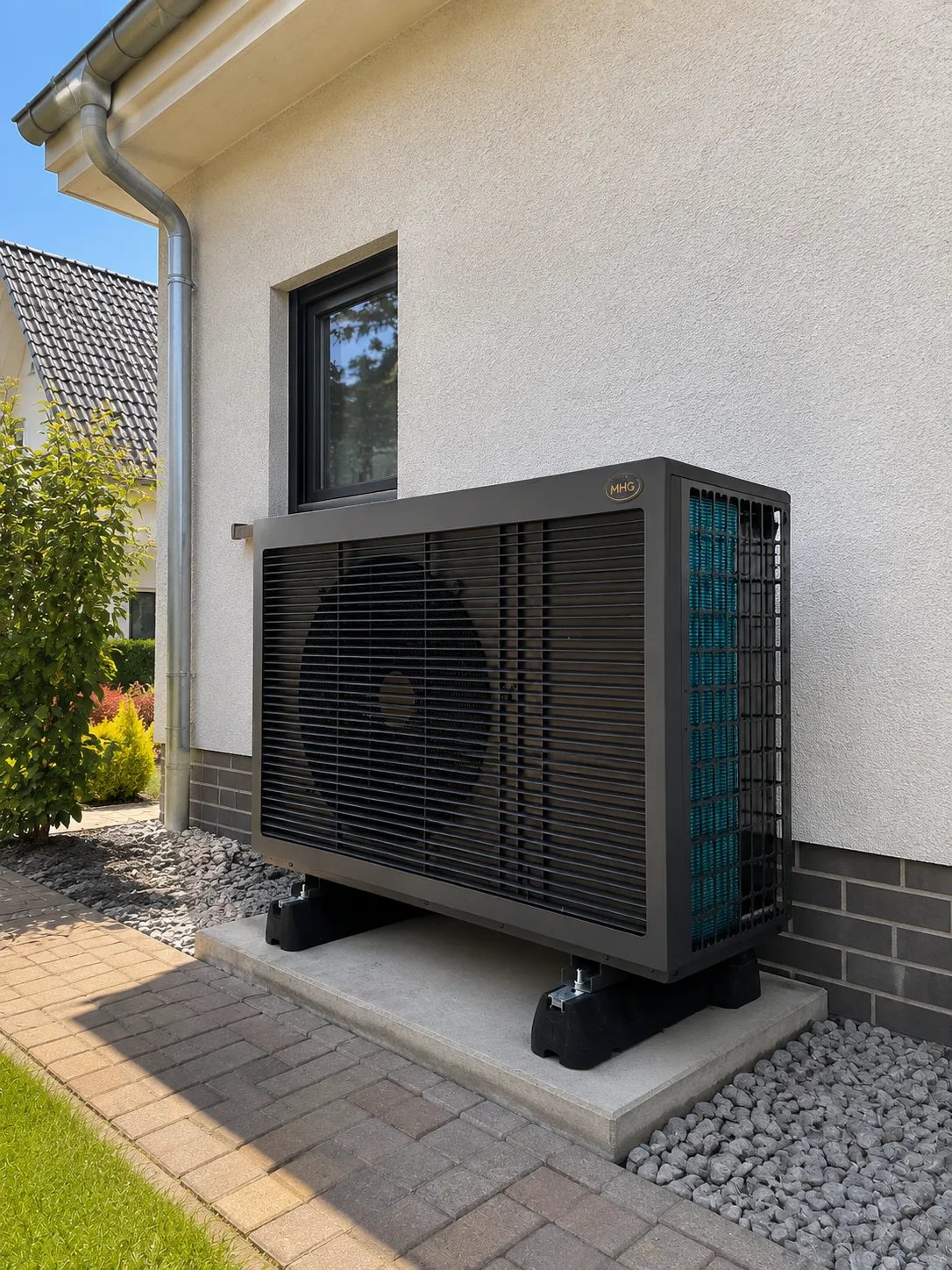Wärmepumpe auf Betonsockel an der Hauswand eines Einfamilienhauses