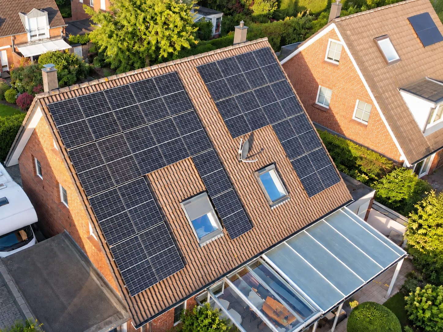 Einfamilienhaus mit Photovoltaikanlage auf dem Ziegeldach, Drohnenaufnahme