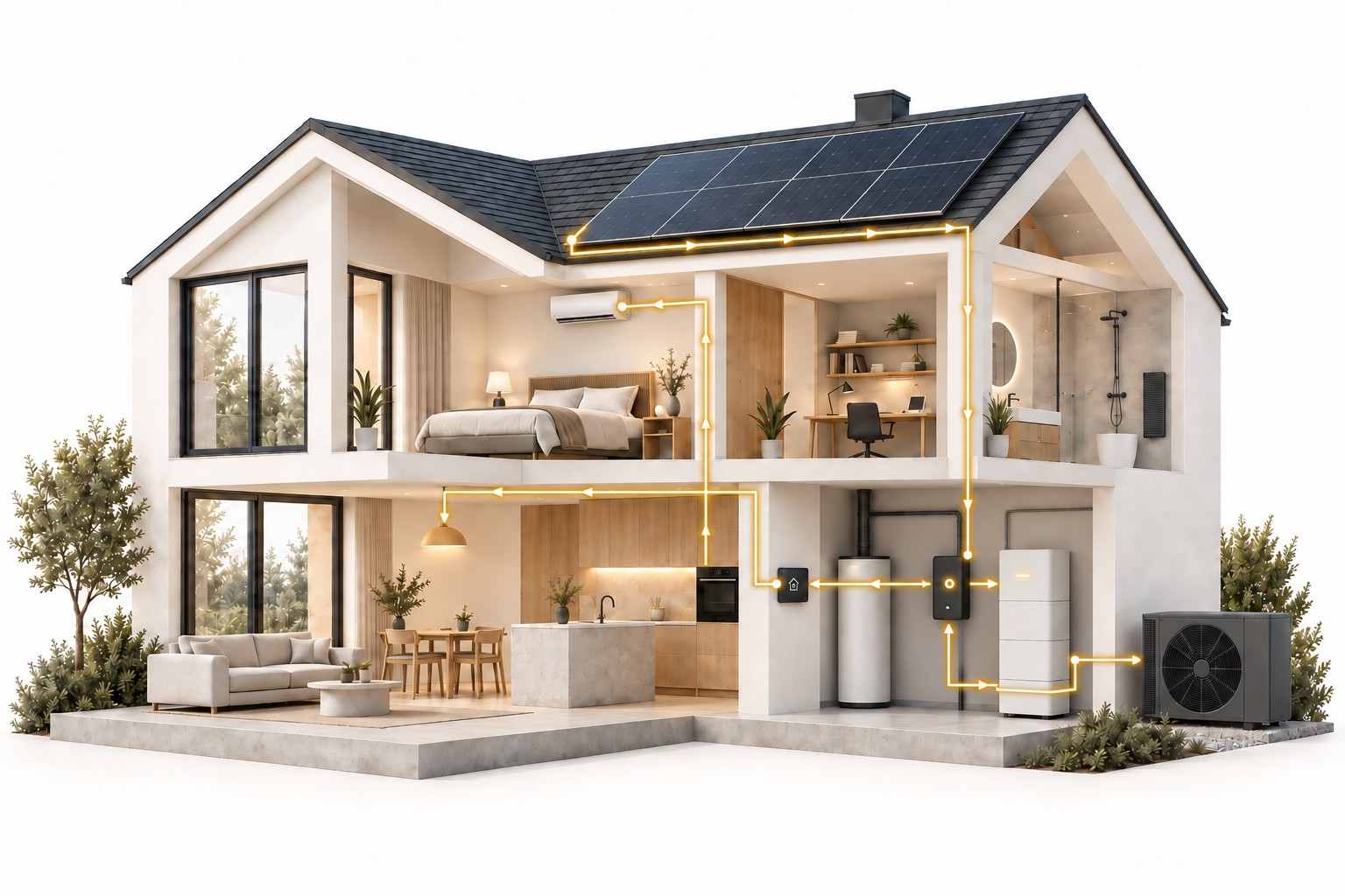 Schnitt durch ein vernetztes Zuhause: Photovoltaik auf dem Dach, Leitungen zu Klimaanlage, Beleuchtung, Steuerung, Speicher und Waermepumpe