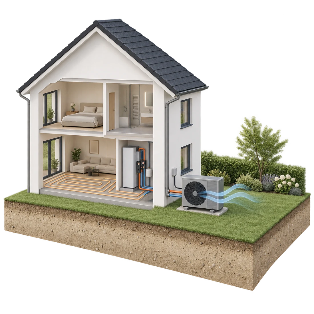Haus im Schnitt mit Luft-Wasser-Wärmepumpe als Außengerät und wassergeführter Fußbodenheizung