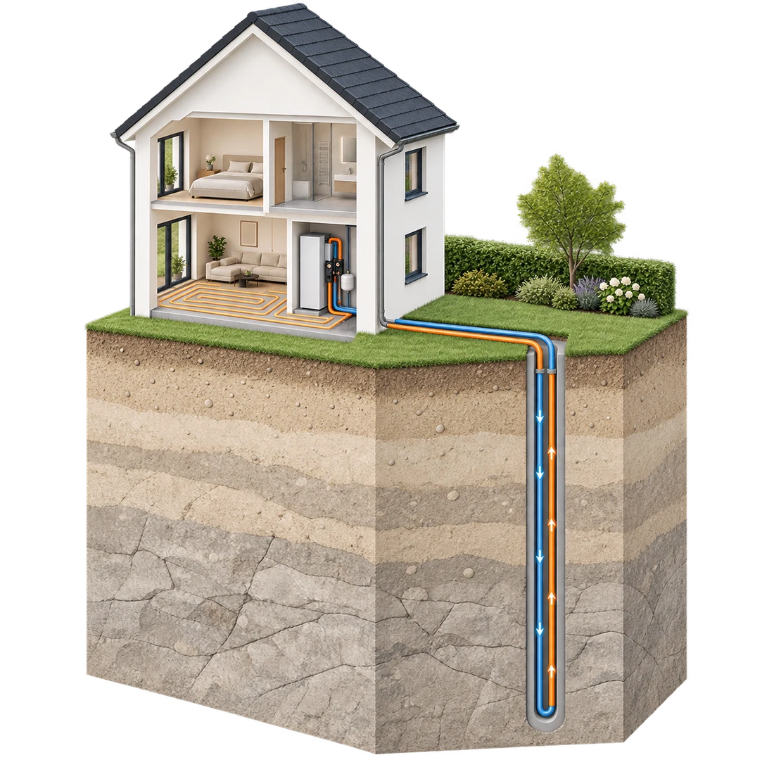 Haus im Schnitt mit Sole-Wasser-Wärmepumpe und geschlossenem Rohrkreislauf in einer senkrechten Erdsonde