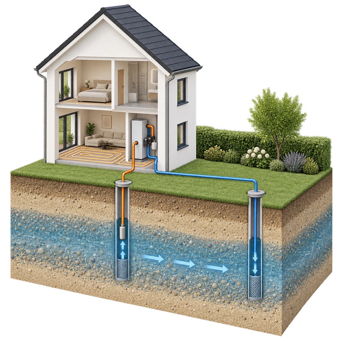 Haus im Schnitt mit Wasser-Wasser-Wärmepumpe, Förderbrunnen und Schluckbrunnen im Grundwasserleiter