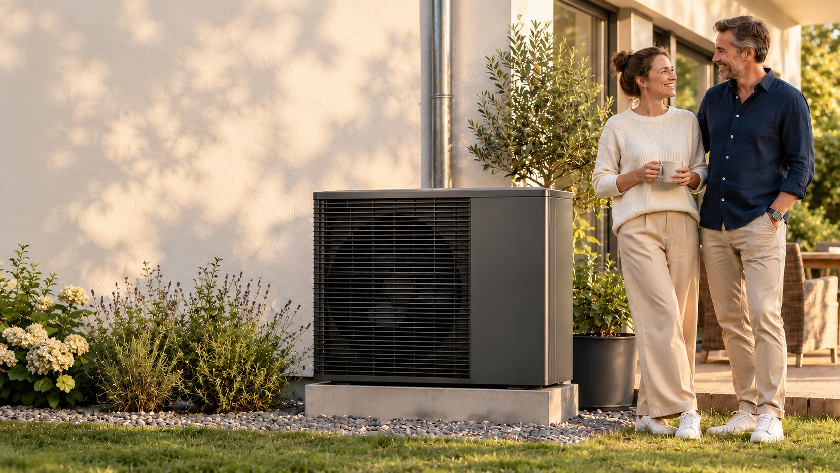 Paar neben seiner Wärmepumpe im Garten