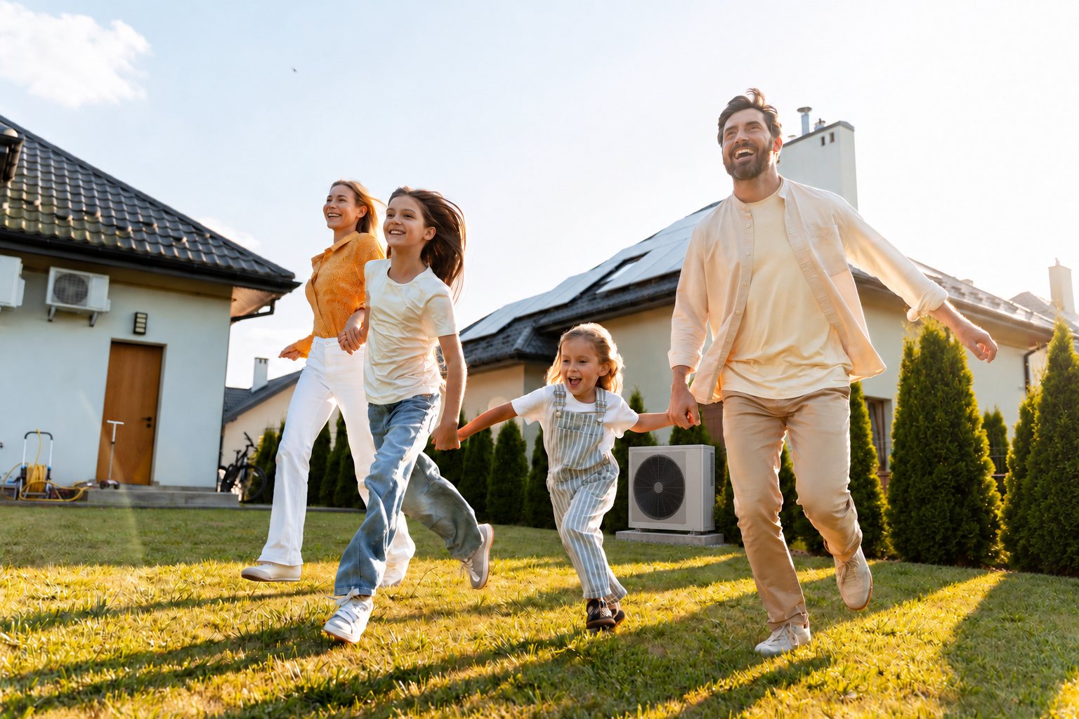 Familie läuft lachend vor ihrem Haus mit Wärmepumpe und Photovoltaik