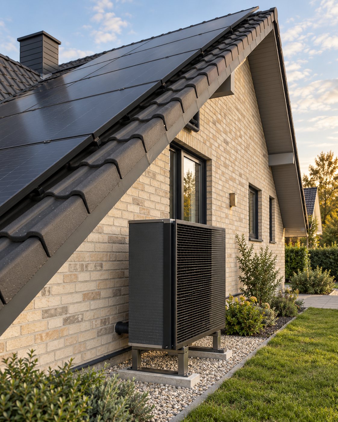Wohnhaus mit Photovoltaikanlage auf dem Dach und Wärmepumpe an der Hauswand